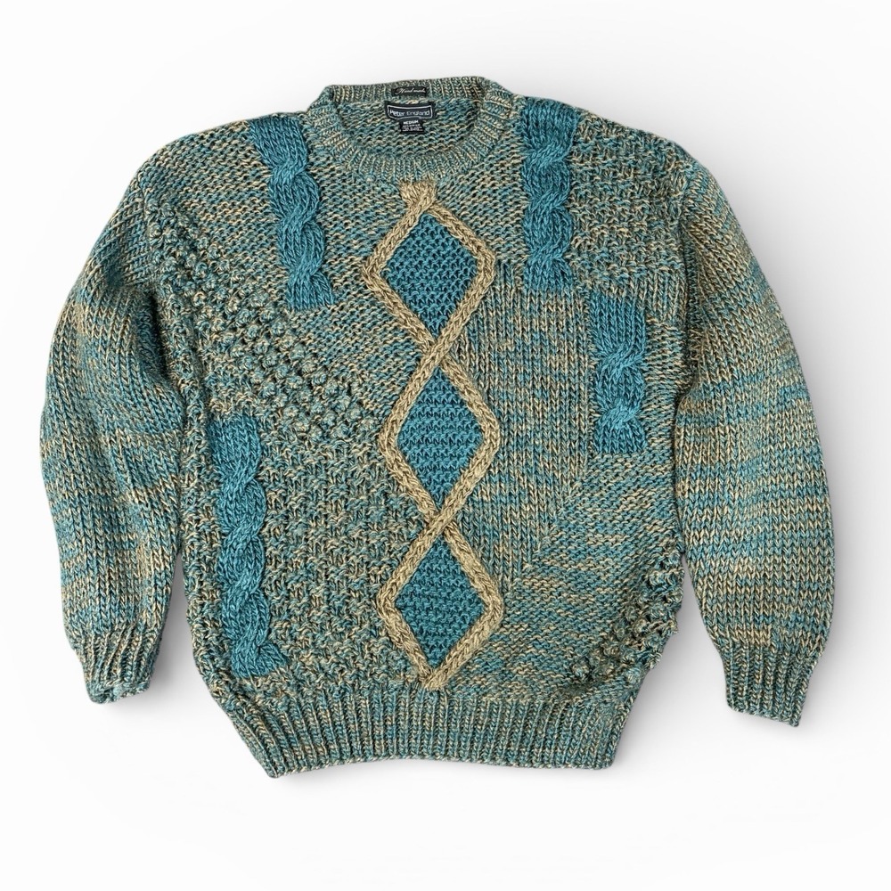 Peter England Vintage Cable Knit Sweater Teal‎ Tan Textured Diamond Medium